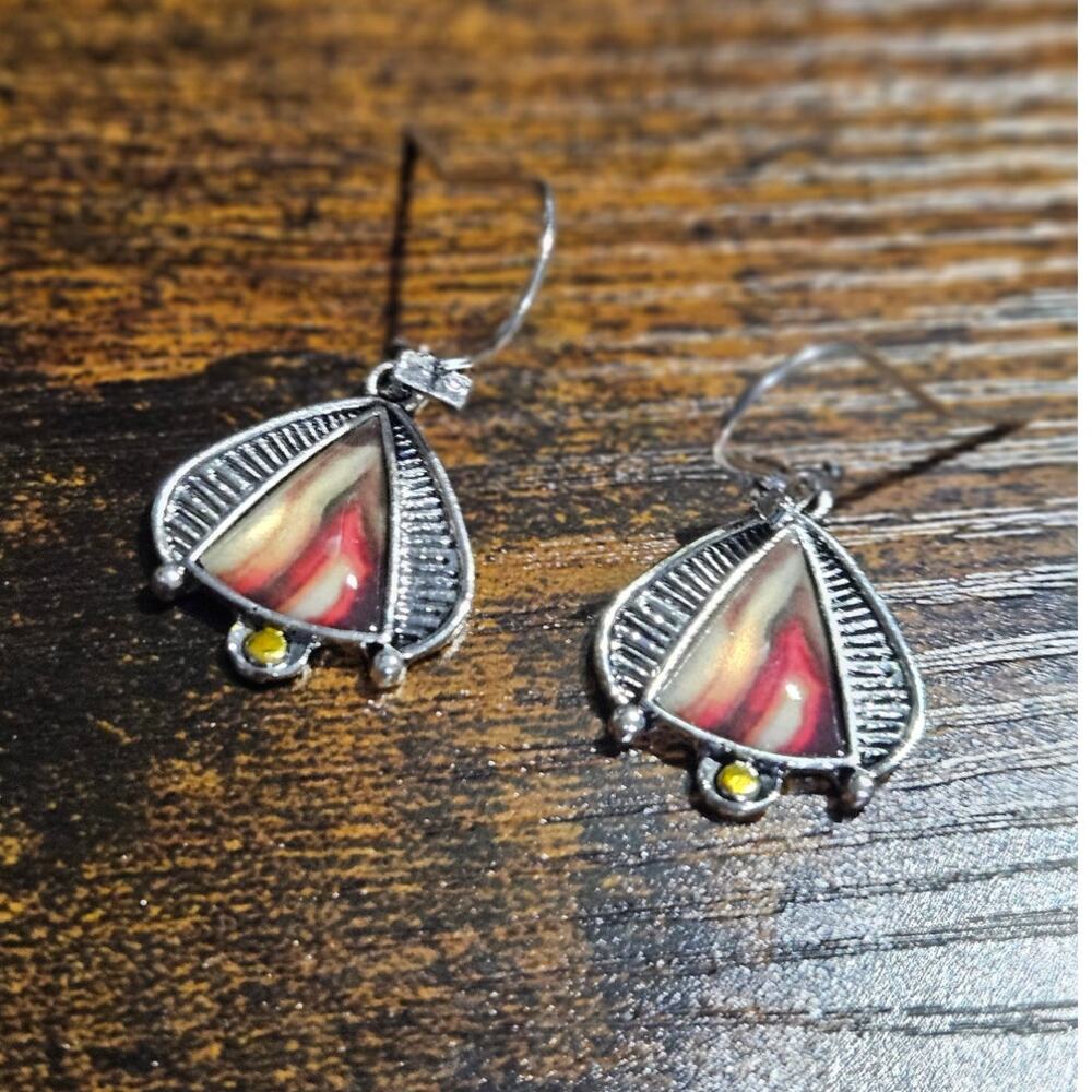 Boutique Orange & Yellow "Inner Flame" Triangle Silver-Tone Mixed Metal Earrings